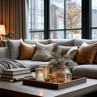 Add warmth and elegance with this metallic gold laser-etched hurricane candle holder. A modern, luxe accent perfect for winter or year-round décor. Third and Main, Home Decor