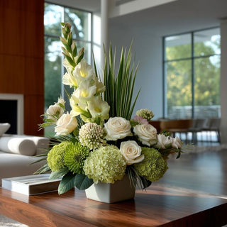 Light green real touch sedum stem styled with pale green hydrangea, ivory Duchess roses, and ivory gladiolus in modern contemporary interior with natural light