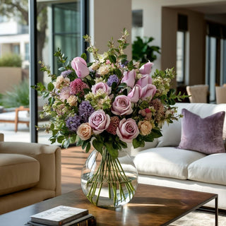 Light purple True Bloom real touch rose buds styled in a clear glass vase with layered faux florals and greenery on a coffee table in a modern living room setting