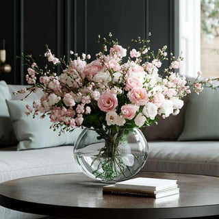 A beautiful floral arrangement of light pink True Bloom Floral butterucps, pink snap dragons and other complementary florals styled in a round glass vase on the table of a decorated living room. Third & Main True Bloom Florals
