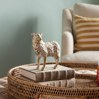 Little Sheep Sculpture, Decorative sheep sculpture with white and gold finish, textured wool detailing, elegant farmhouse-style figurine for coffee table, shelf, or mantel decor. Fall Decor