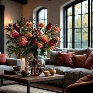 Living room with a large vase of fall inspired flowers including the burgundy protea on a coffee table
