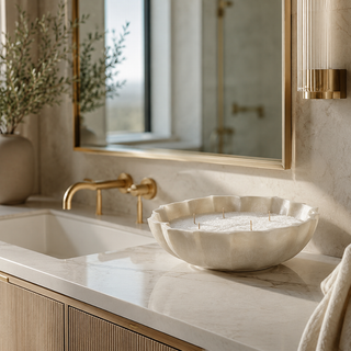 Lotus Marble Bowl candle styled on luxury marble bathroom vanity with brushed brass fixtures and soft natural light