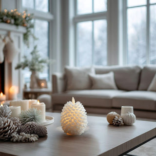 Luminara snowy white flameless candle glowing softly on a winter coffee table with frosted greenery and soft neutral  home décor