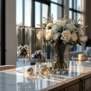 Luster Black Hurricane With Platinum Rim styling with seasonal ornaments or pillar candles on entryway table or formal dining. Third & Main, Home Decor, Luxury Decor