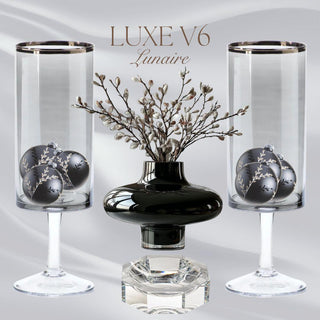 Luxe Curated Home Decor Winter Box Lunaire - Black Glossy Glass Vase, Smoky glass hurricanes with pedestal bases and a crystal octagonal bowl. A beautiful curated home decor box. 