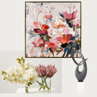 Curated Luxe Home Decor Box Modern Botanica, Luxury Home Decor Curated Box Including a 39" in Diameter Abstract Floral Art Print on Canvas, A Real Touch Luxury Premade Floral Arrangement  with Cymbidium and Protea and a Contemporary Style Black Sculpture on Marble Base, Third & Main, Luxury Home Decor, Curated Decor Box, Contemporary Decor,
