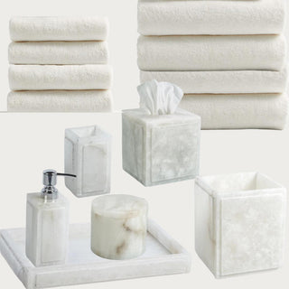 Luxe_Elevated_Essentials_-Diamond Version Luxury Curated Home Decor Box, Including Creamy White with Brown scent Alabaster Bathroom Pieces such as apothecary jar, lotion/soap dispenser, tissue box,  11"  alabaster tray, and a set of 4 each, hand towels, bath towels, Third & Main, Luxury Home Decor, Luxe, Curtated Decor Box