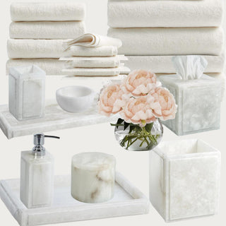 Luxe_Elevated_Essentials_-Diamond Version Luxury Curated Home Decor Box, Including Creamy White with Brown scent Alabaster Bathroom Pieces such as apothecary jar, lotion/soap dispenser, tissue box, alabaster waste basket, ring/jewlery dish, two sizes of alabaster trays, and a set of 4 each, hand towels, bath towels and wash gloves, Third & Main, Luxury Home Decor, Luxe, Curtated Decor Box