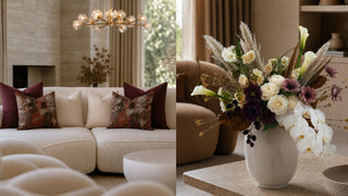 A split-screen interior scene showing a cream sectional sofa with patterned and solid throw pillows on the left, and a large ceramic vase filled with a mixed floral arrangement in a modern living room on the right.