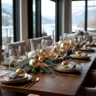Luxurious 40-inch faux pine swag with pinecones and gold and silver ornaments, styled on a holiday dining table for an elegant Christmas centerpiece from Third & Main.