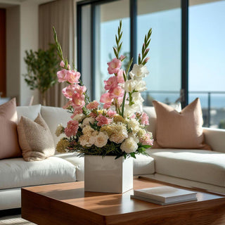 Ultra-realistic blush pink and white gladiolus floral arrangement styled in a modern Santa Monica contemporary living room with soft natural light, ivory sofa, and warm wood coffee table for elevated spring home decor inspiration.