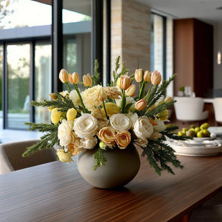 Ultra realistic luxury spring floral arrangement featuring faux dill spray, ivory garden roses, pale apricot tulips, and butter yellow ranunculus in modern ceramic vase styled in Dallas contemporary dining room with abundant natural light