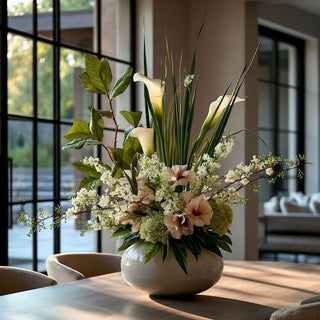 Architectural spring floral arrangement featuring real touch salal leaf stems, white calla lilies, blush hibiscus blooms, green snowball hydrangeas and white blossom branches styled in a modern contemporary Santa Monica luxury dining room with floor-to-ceiling windows and natural light.