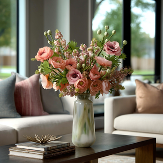 Coral pink buttercup floral arrangement styled in a modern contemporary living room with soft natural light, displayed on a coffee table with luxury decor accents