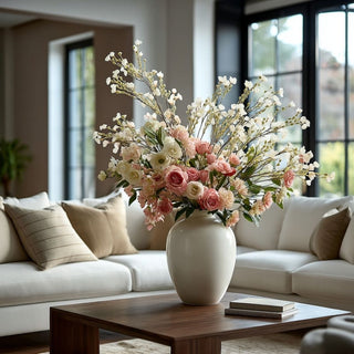 White chamelaucium spray arranged with blush and cream spring florals in an elegant ceramic vase on a coffee table in a modern contemporary living room