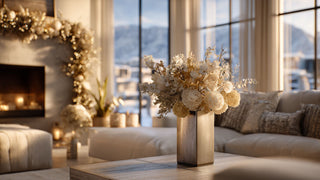 Luxury Winter Home Decor Scene with Decorative floral arrangement in a modern living room with a cityscape view.
