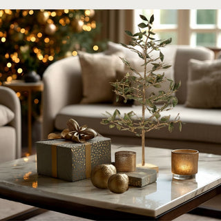 Luxury gold metal tree with green leaves – handcrafted tabletop sculpture for modern interiors by Third & Main