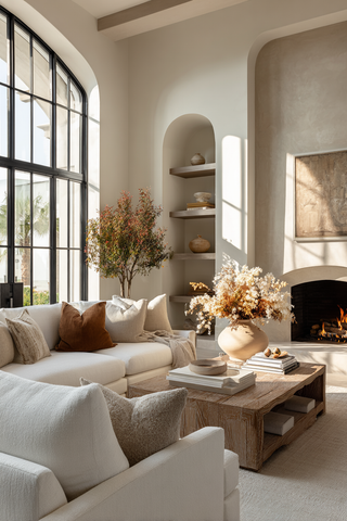 Cozy living room with a fireplace, large windows, and decorative elements. Home decor, modern traditional, modern farmhouse, luxe & contemporary modern homes