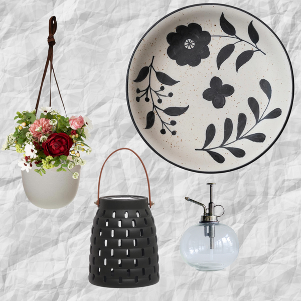 Curated Modern Farmhouse Summer Collection version 5. This box includes: one stoneware bowl that is oven, microwave, and dishwasher safe, one glass plant mister, one solar powered lantern, one terra cotta hanging planter, one faux floral half orb. 