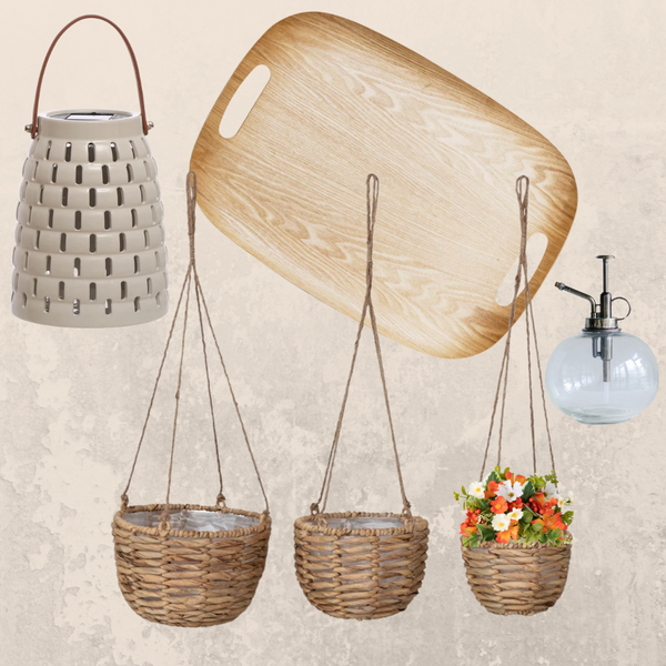 Curated Modern Farmhouse Summer Collection version 3. This box includes three hanging hyacinths planters, one faux floral half orb, one glass plant mister, one 17inch oak wood tray, one solar powered lantern