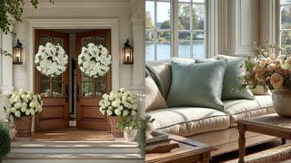 Living room with a beige sofa, decorative pillows, and a coffee table with a vase of flowers. Two identical True Bloom white hydrangea wreath with full realistic faux blooms and layered petal texture, styled as a refined decorative accent hanging on a front door entryway. 
