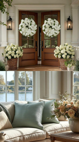 Living room with a beige sofa, decorative pillows, and a coffee table with a vase of flowers. Two identical True Bloom white hydrangea wreath with full realistic faux blooms and layered petal texture, styled as a refined decorative accent hanging on a front door entryway. 