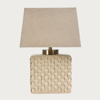 cream woven porcelain table lamp with linen shade and basket inspired texture for coastal and neutral home decor