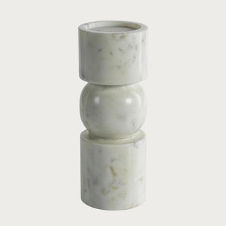 Tall white marble pillar candle holder with sculptural stacked design