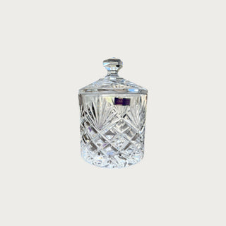 Marquis by Waterford Covered Crystal Candy Jar, 7.5 inches tall, new in box – cut crystal jar with a lid for display or bar cart styling.