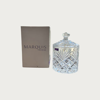 Marquis by Waterford Covered Crystal Candy Jar, 7.5 inches tall, new in box – cut crystal jar with lid for display or bar cart styling.