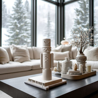 Matte white decorative ceramic soldier displayed on modern coffee table in cozy neutral living room with snowy winter view — minimalist holiday home décor inspiration featuring sculptural nutcracker accent.