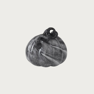 Medium Black & Gray Swirl Glass Pumpkin with rounded glass shape, smoky gray marbling, white veining, glossy finish, and sculptural black stem for fall decor.