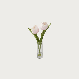 Pink real touch double tulip arrangement with layered blooms, set in a clear glass vase with faux water, shown as a mini premade floral.