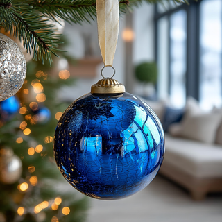 Mirrored blue crackled glass ball ornament reflecting holiday lights – sophisticated handcrafted glass ornament for timeless Christmas tree décor.