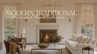 A modern tradtional home displaying the Modern traditional curated collection for fall 2026. Featuring he large mango wood bowl, the gold pumpkins and the honey colored alpaca throw