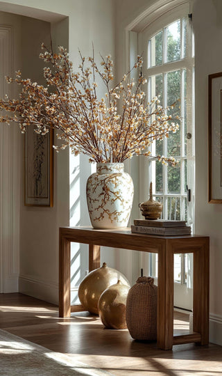 Modern traditional home decor styled by Third & Main, featuring classic ceramic vessels, lifelike faux branches, warm wood furniture, and timeless accents layered with a refined, collected feel.