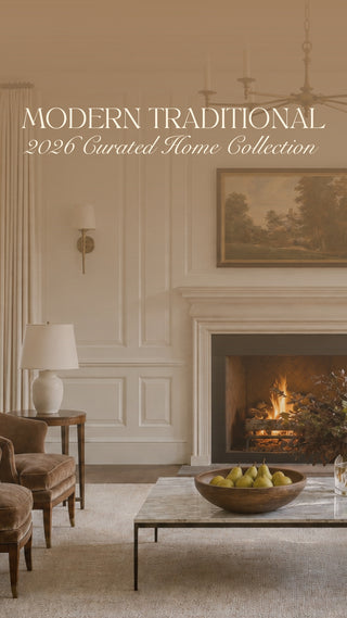 A modern tradtional home displaying the Modern traditional curated collection for fall 2026. Featuring he large mango wood bowl, the gold pumpkins and the honey colored alpaca throw