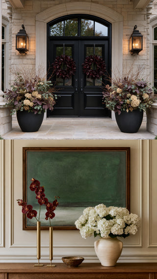Split view of modern traditional curated collection for fall 2026. Featuring tall gold single stem vases and dark merlot magnolia leave wreath