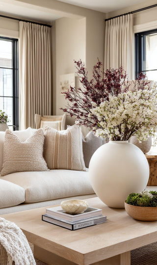 Modern transitional home decor styled by Third & Main, featuring neutral furnishings, sculptural ceramic vessels, layered textures, and lifelike faux florals for a balanced, timeless living space.