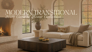 Modern transitional home decor curated collection hero image featuring olive green alpaca throw, linen cocoa brown pillows, glass blown pumpkins all in a modern california home