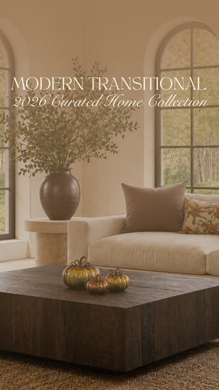 Modern transitional home decor curated collection hero image featuring olive green alpaca throw, linen cocoa brown pillows, glass blown pumpkins all in a modern california home
