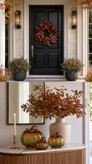Split view image of the modern transitional curated collections for fall 2026. Featuring glass blown pumpkins in three sizes and a magnolia brown and orange wreath