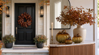 Split view image of the modern transitional curated collections for fall 2026. Featuring glass blown pumpkins in three sizes and a magnolia brown and orange wreath