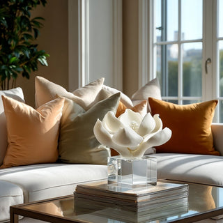 White sculpted magnolia bloom on crystal cube base displayed on stacked coffee table books in elegant neutral living room, refined modern floral sculpture by Third & Main