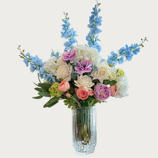 Morning Light True Bloom Real Touch Floral Arrangement - 3 Options Available
Morning_Light_True_Bloom_Real_Touch_Premade_Faux Floral_Arrangement made with light purple buttercup. white hydrangea, mini snowball stems, small oink roses, blue delphinium, light purple roses, cream roses and greenery. True Bloom Floral, Real Touch, Third & Main
