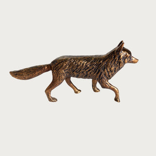 Mr Fox Sculpture made of cast aluminum in a bronze / antique gold coloring. Bronze-toned fox sculpture with textured fur detail, decorative animal figurine for bookshelf or tabletop styling, elegant woodland decor accent for rustic or modern interiors. Fall Decor