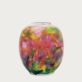 colorful artistic porcelain vase with fuchsia green yellow and blue abstract painterly finish for contemporary home decor