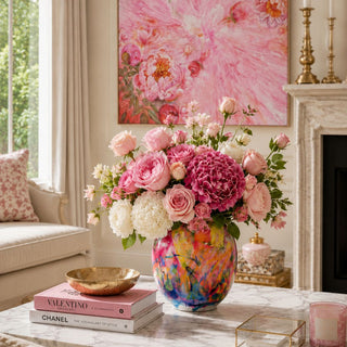 Muse artistic porcelain vase styled with pink roses, dahlias, and white blooms on marble coffee table beneath pink floral artwork in luxury living room
