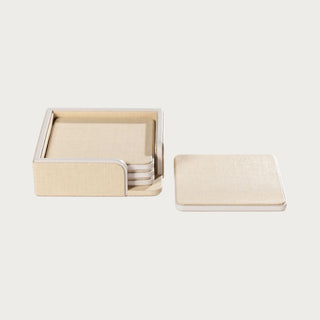 Set of 4 cream Napa leather coasters with matching tray, square drink coasters with textured finish and stitched edges, elegant tabletop accessory for coffee tables or home bars.